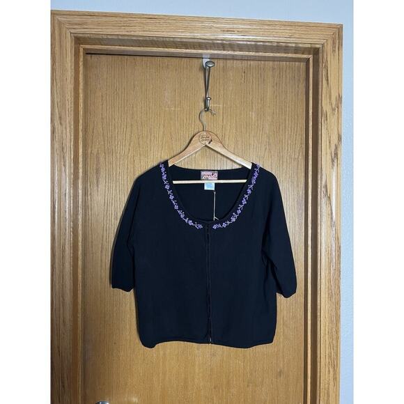 April Cornell Embroidered Cardigan Sweater Large Black Purple Cornell Trading - Picture 1 of 4